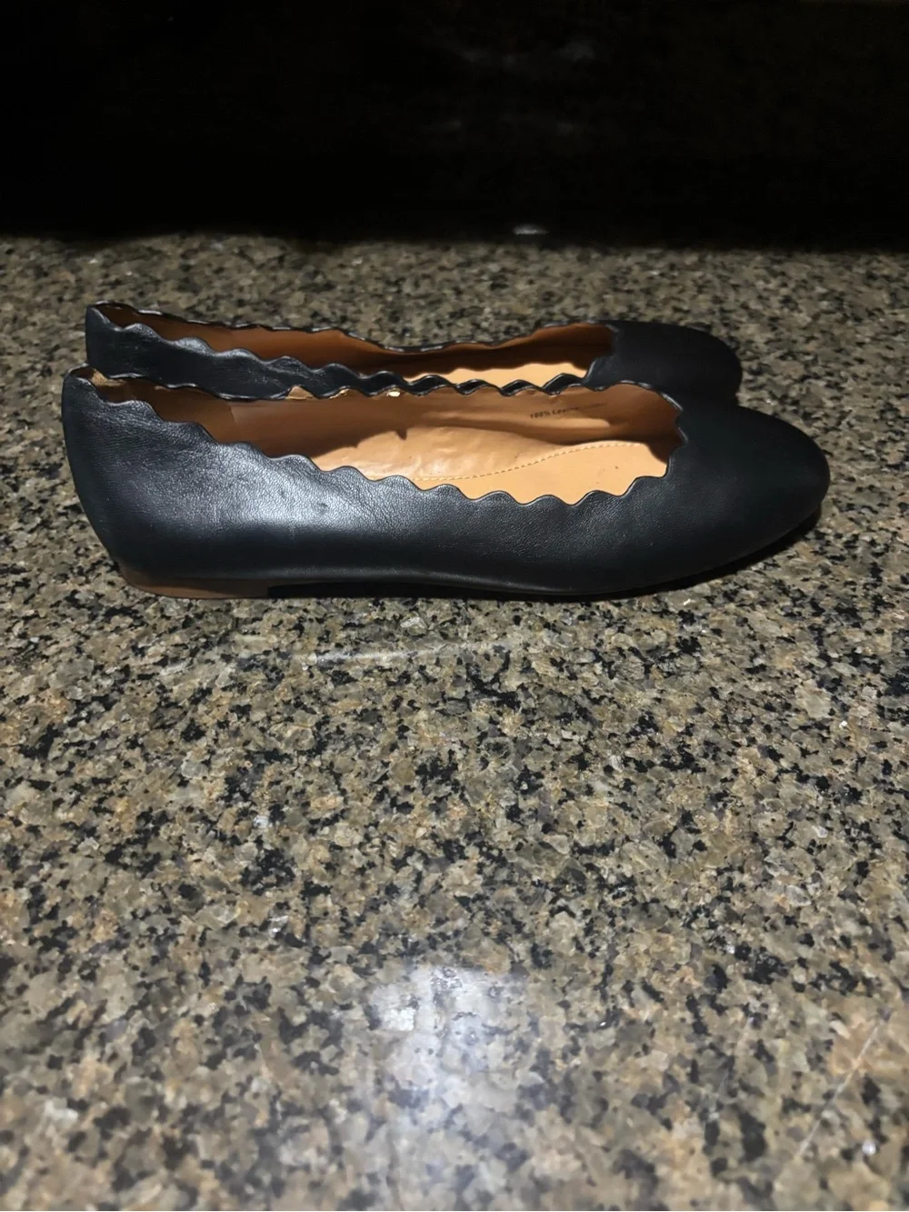 J. Crew Black Scalloped-Trim Leather Ballet Flats
